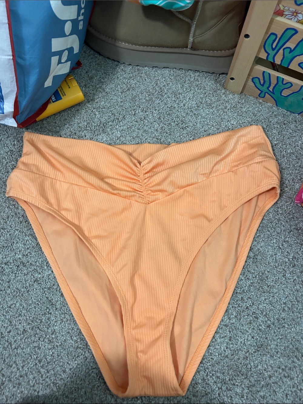 High-Rise Ribbed Bikini Bottom in Peach